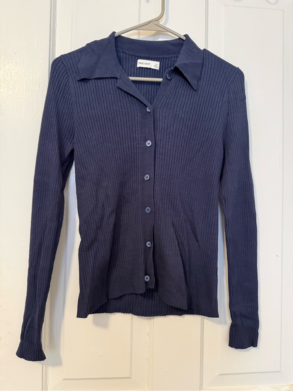 Nine West Dark Blue Ribbed Button-Down Shirt